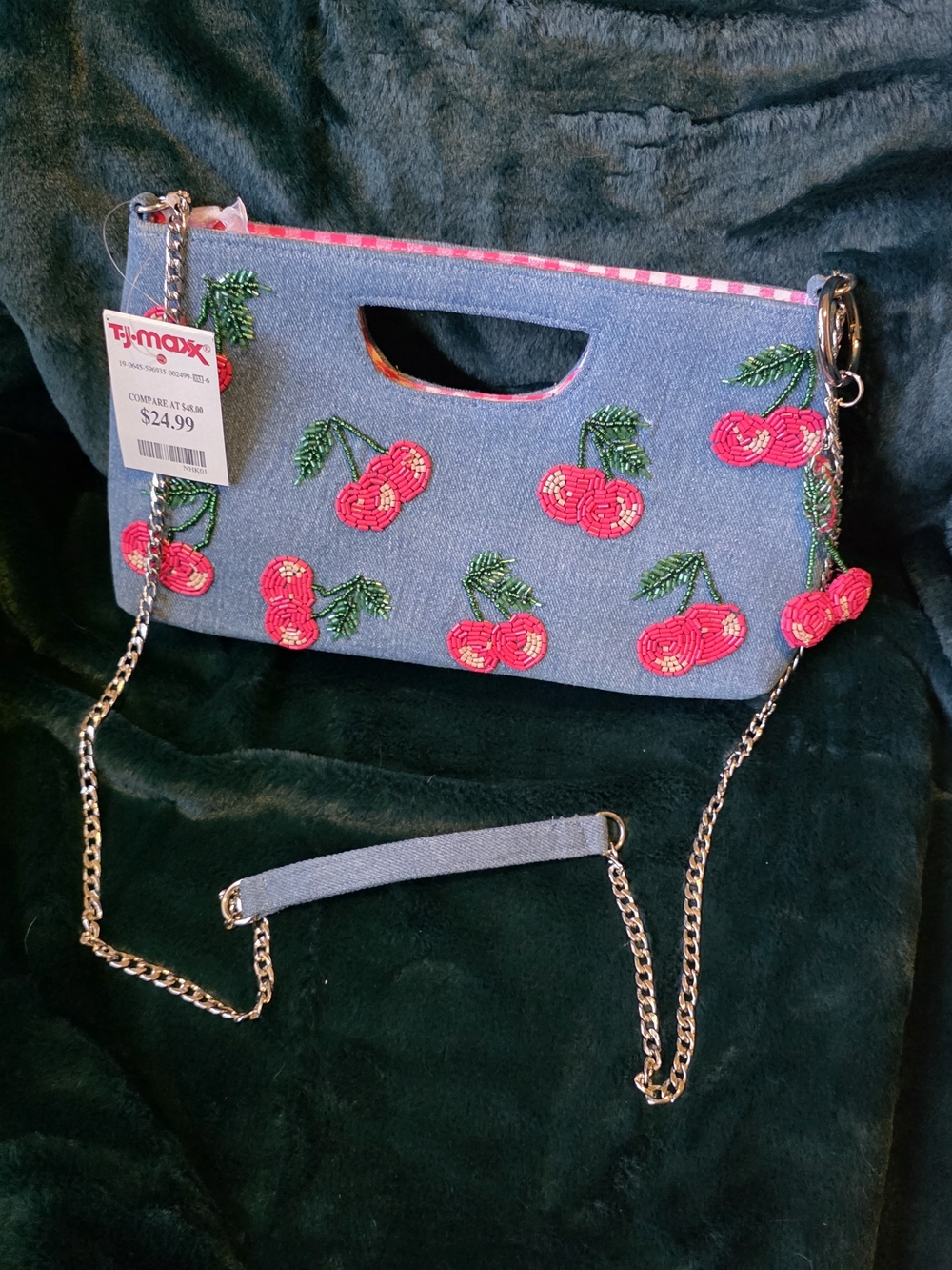 T.J.Maxx Denim Cherry Embellished Crossbody Bag - Pink